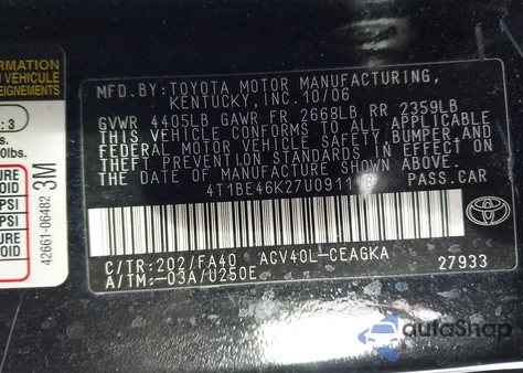 2007 Toyota Camry Xle z USA, uszkodzony, nr VIN 4T1BE46K27U091118